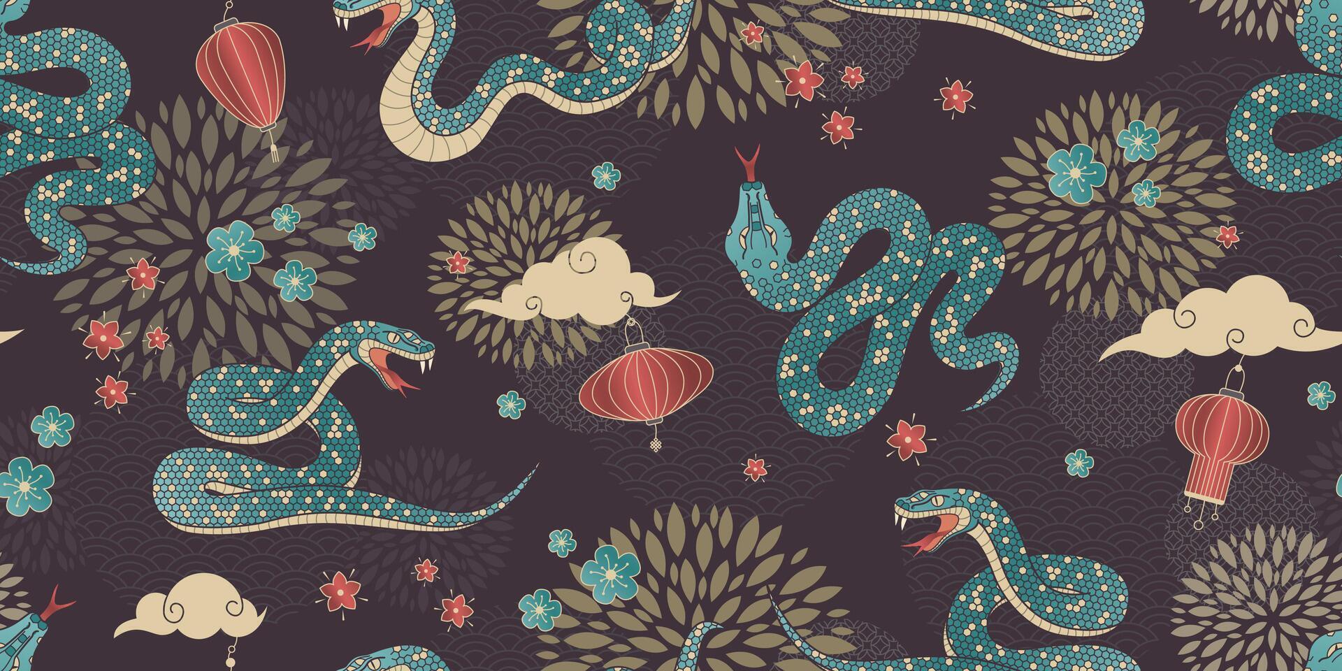 Chinese snake seamless pattern. Symbol of the Lunar New Year 2025 in geometric style with paper lanterns and traditional motives on a brown background vector