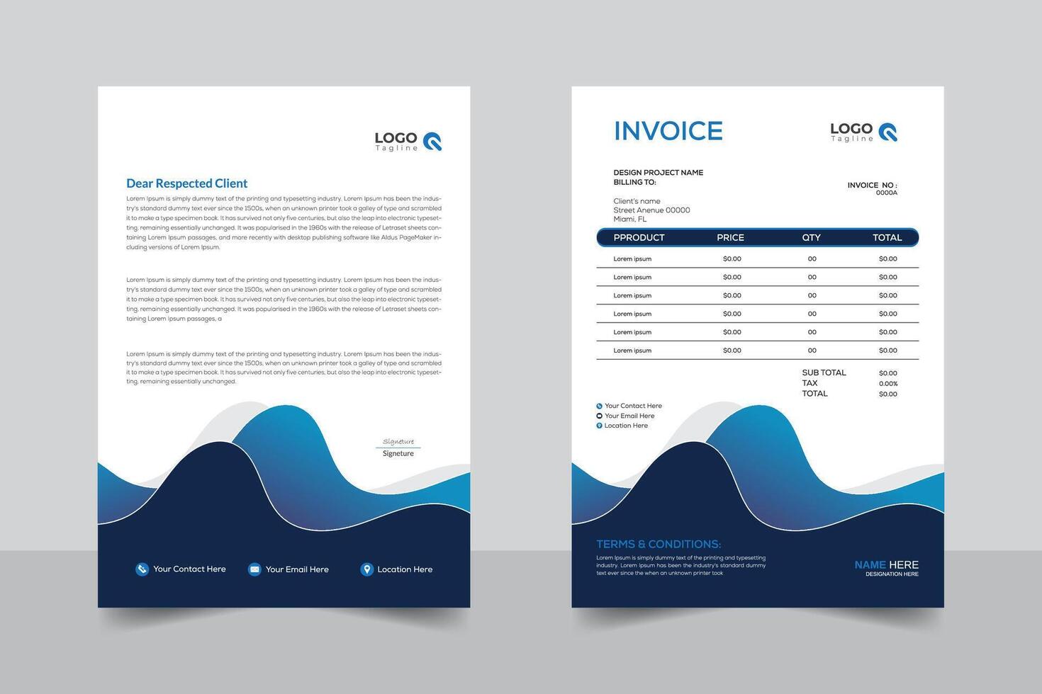Gradient blue color white background, professional business letterhead and invoice template design vector
