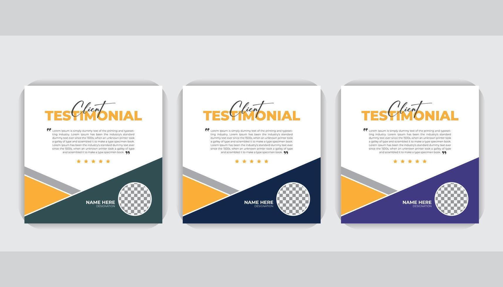 Corporate and simple layout, 3 color variation, Client feedback social media post bundle carousel design. Client testimonial banner template vector