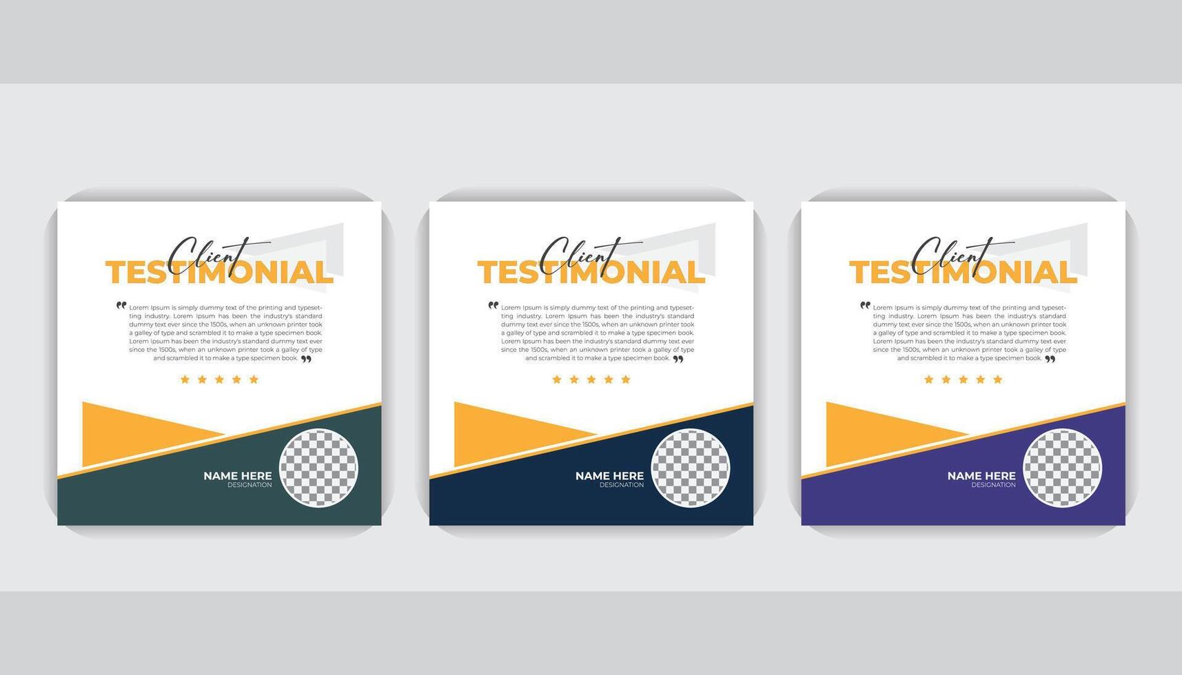 Creative modern and unique layout 3 color variation, Client feedback social media post bundle carousel design. Client testimonial banner template vector