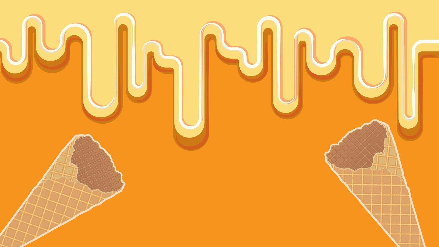 Waffle cone with cream flowing on top, orange background vector
