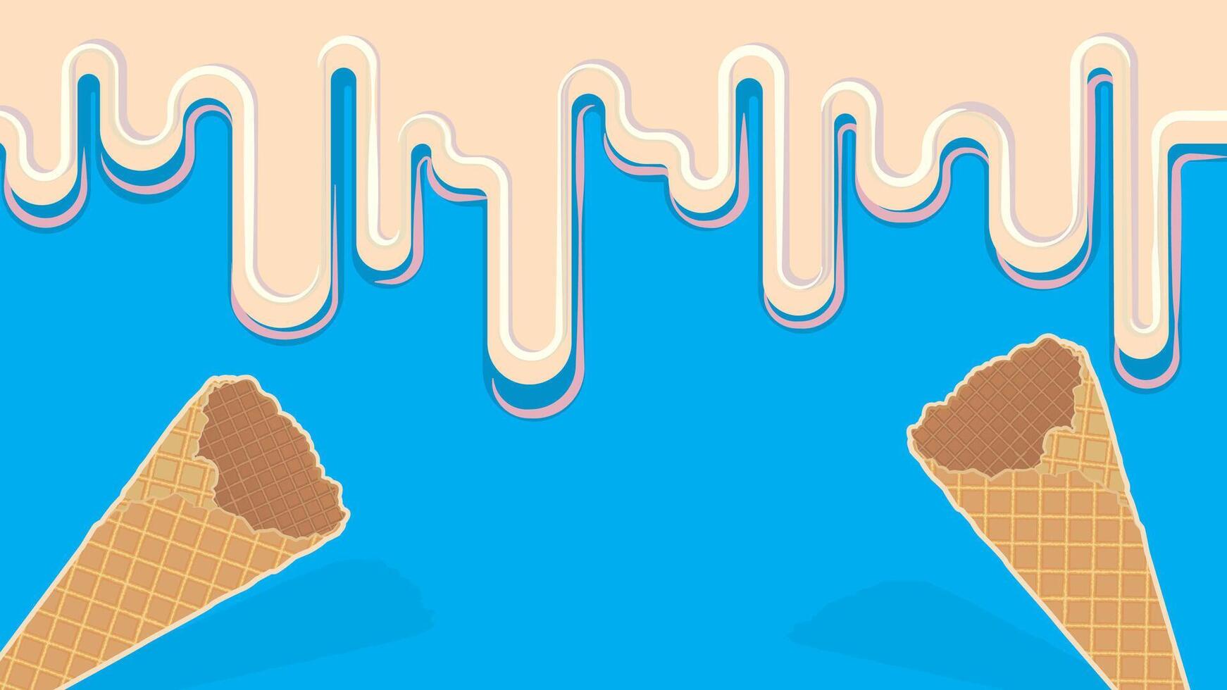 Waffle cone with cream flowing on top, blue background vector