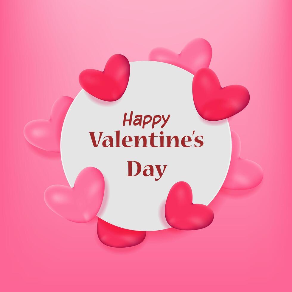 Happy valentines day round banner with pink and red hearts vector