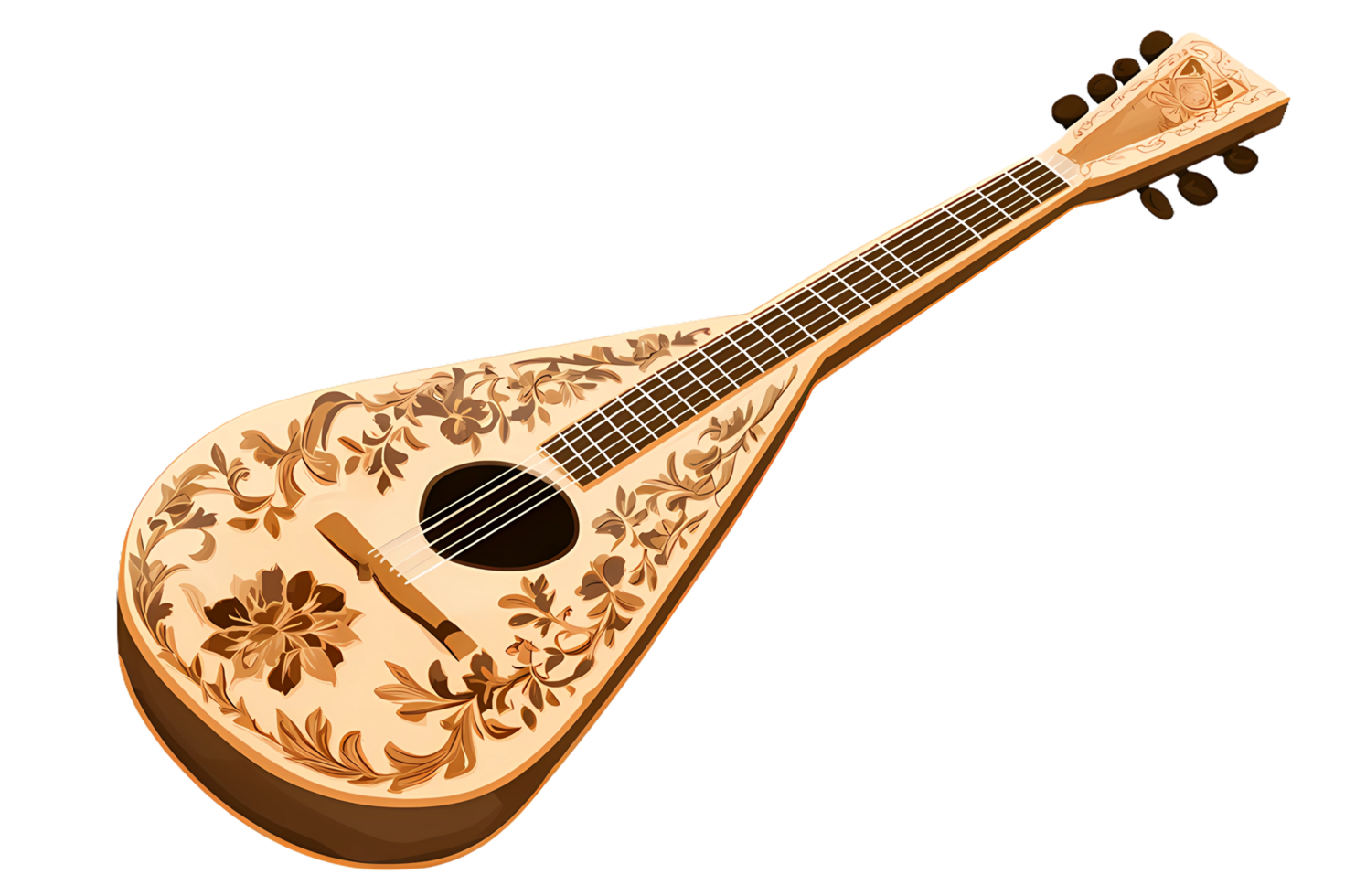 A wooden guitar with floral designs on it png