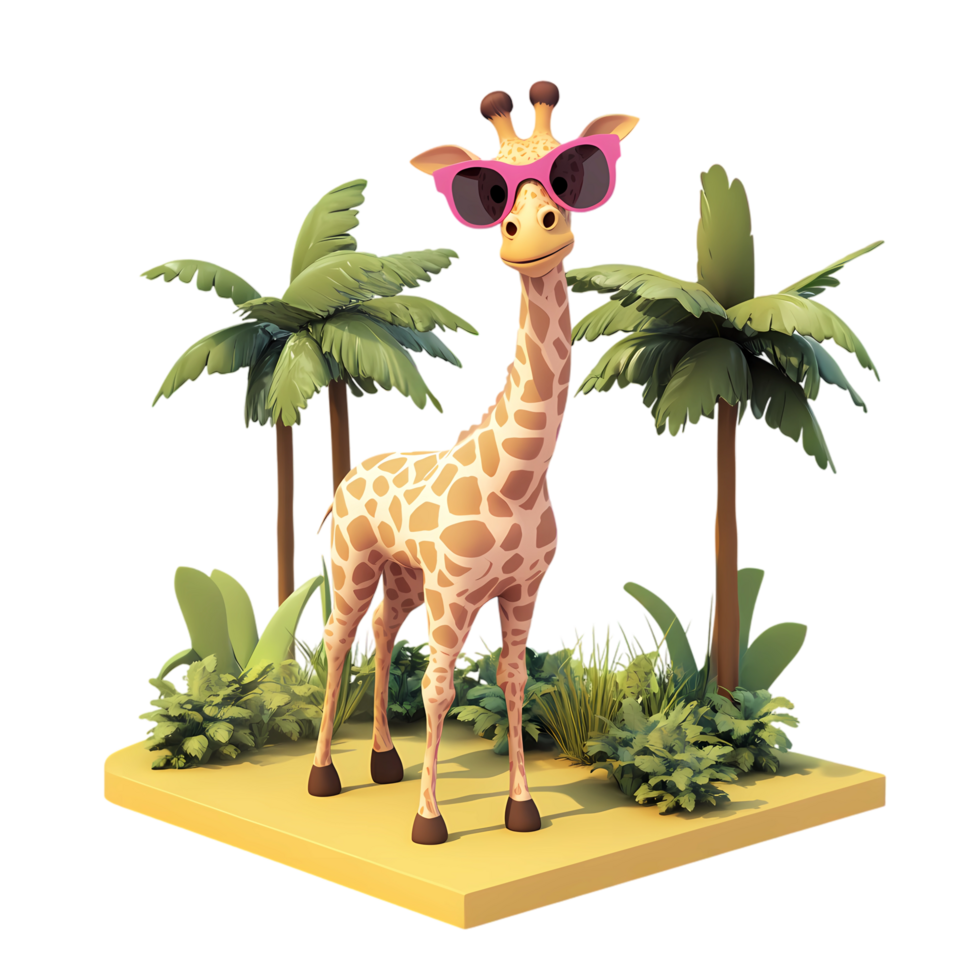 cute 3d cartoon giraffe in sunglasses standing on a beach with palm trees png