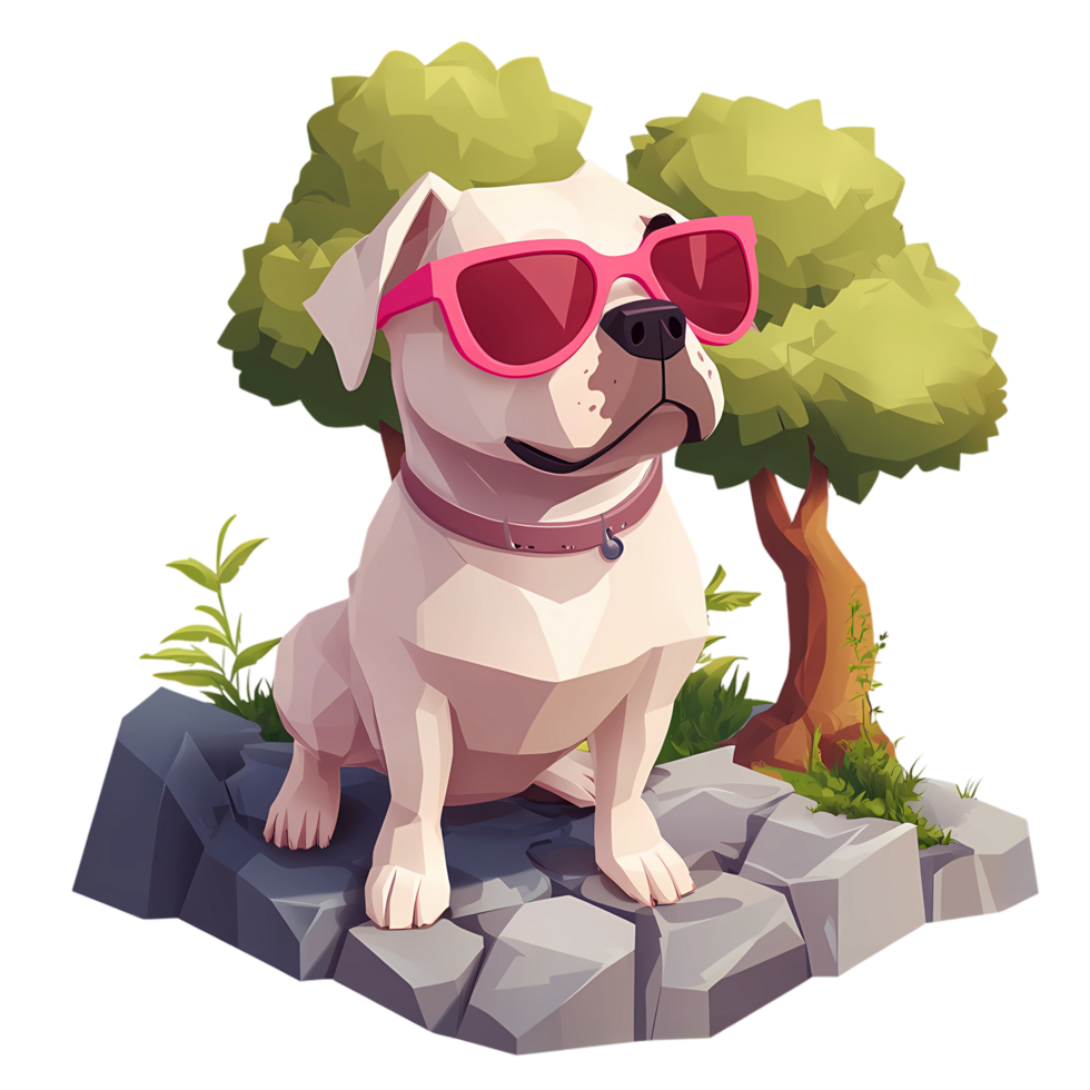 bulldog wearing sunglasses sitting on rock with trees and grass png