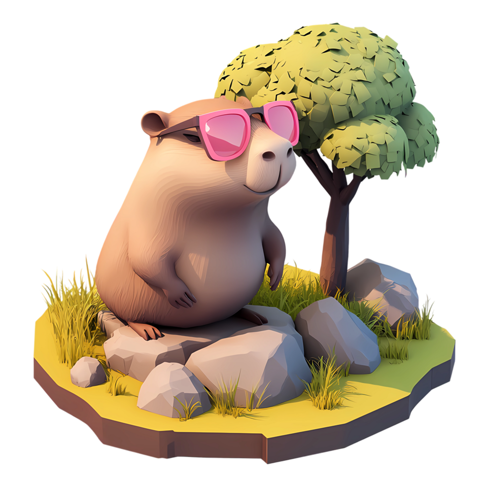 a 3d cartoon capybara wearing sunglasses sitting on a rock png