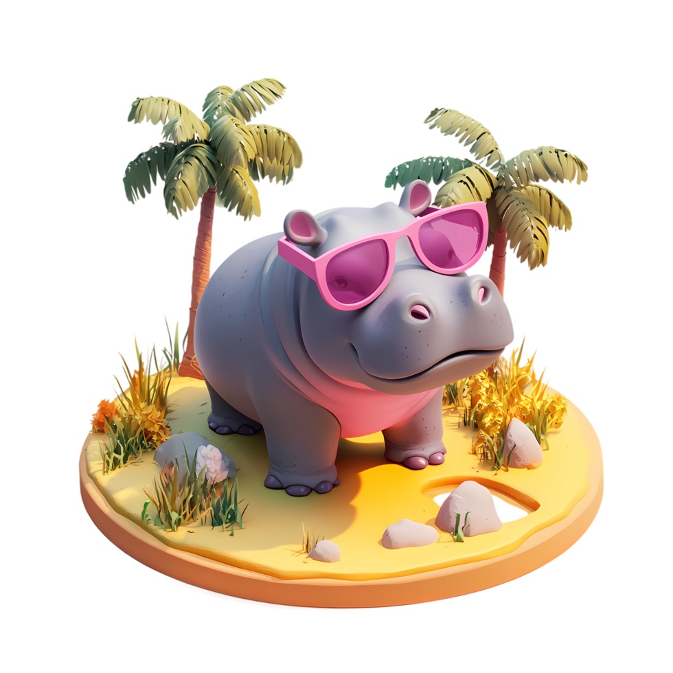 hippo in sunglasses on a beach with palm trees png