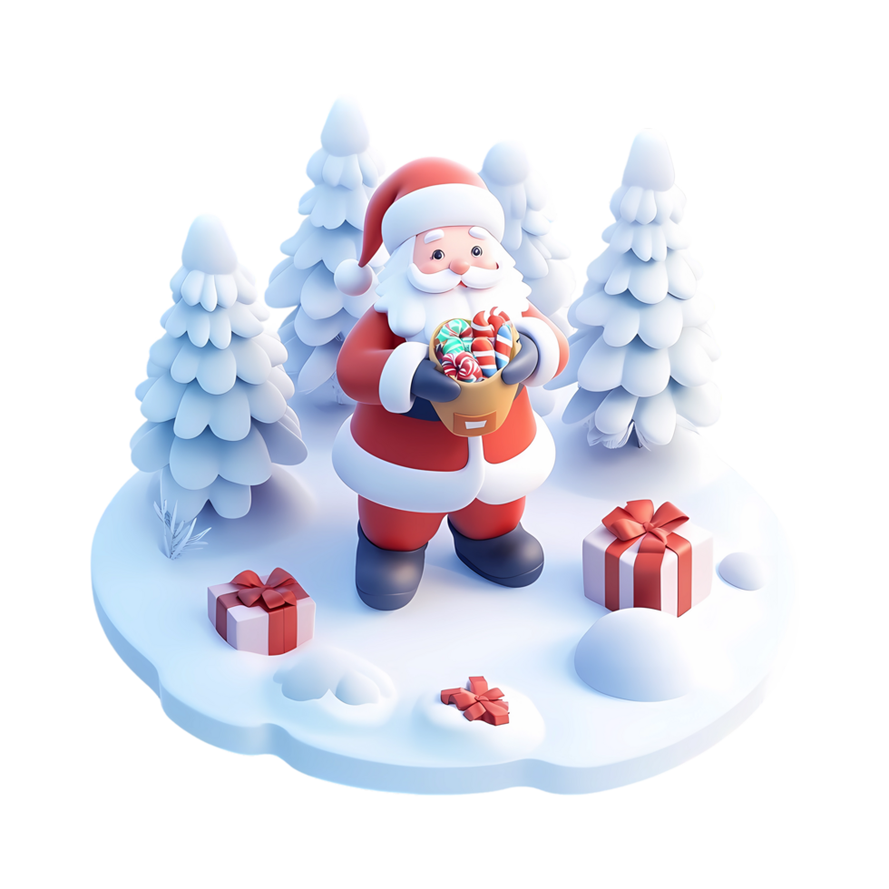 3d santa claus with presents on a snowy hill png