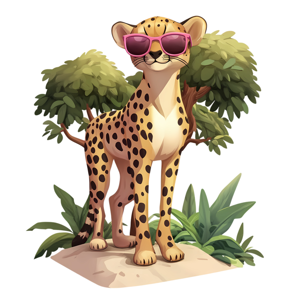 cheetah in sunglasses standing on a rock with a tree in the background png