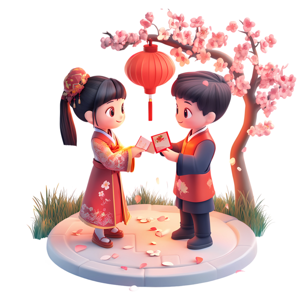 3d cartoon chinese new year couple in traditional dress png
