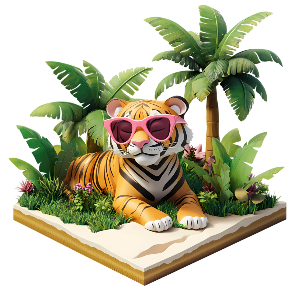 a cartoon tiger in sunglasses sitting on a beach with palm trees png