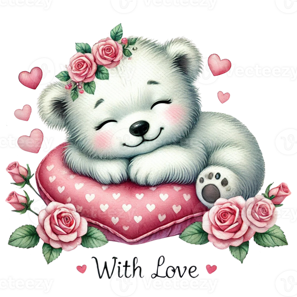 Adorable bear illustration with flowers and hearts, spreading love. Valentine's day cartoon character. png