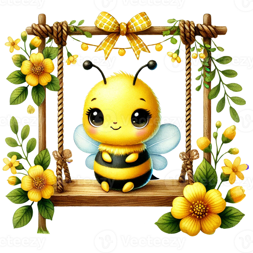 Cute bee framed by cheerful flowers in vibrant colors. Valentine cartoon character. png