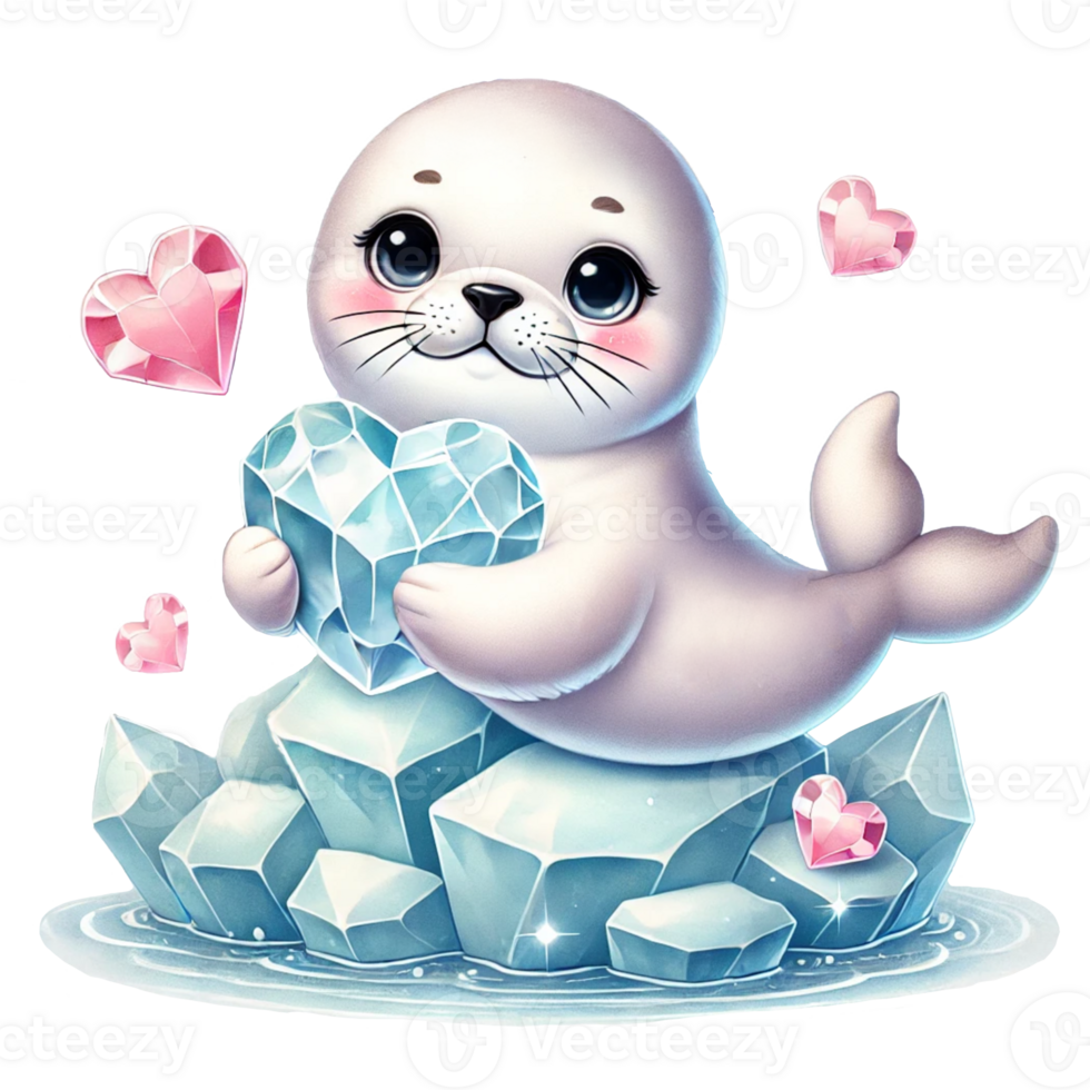 Cute seal holding a heart-shaped ice crystal on an iceberg. Valentine cartoon character. png