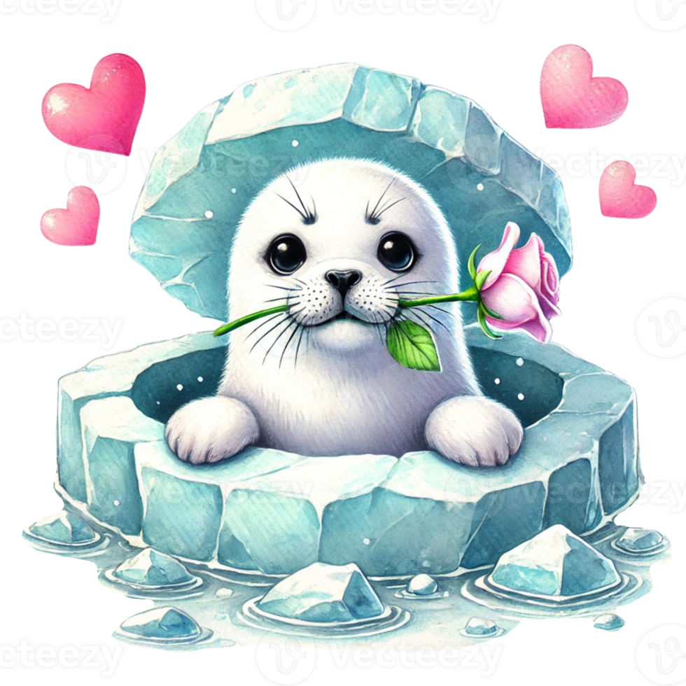 Cute seal holding a rose in an icy setting with hearts. Valentine cartoon character. png