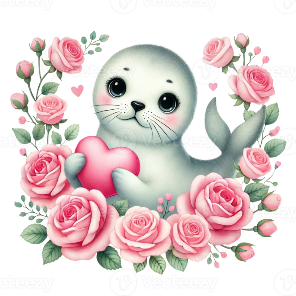 Cute seal holding a heart surrounded by pink roses. Valentine cartoon character. png