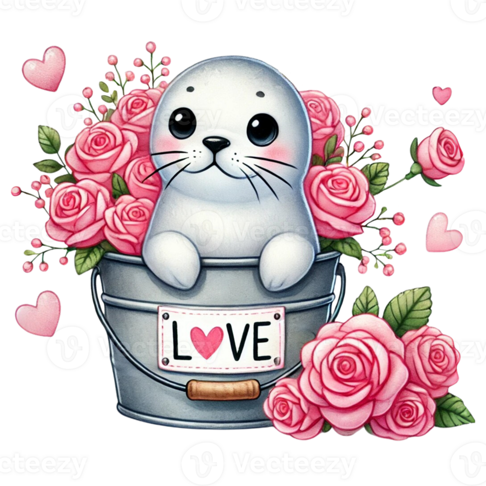 Cute seal surrounded by pink roses in a love-themed bucket. Valentine cartoon character. png