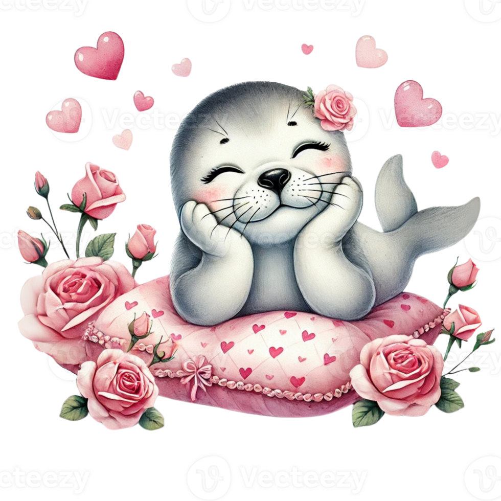 Cute seal surrounded by roses and hearts, conveying joy and love. Valentine cartoon character. png