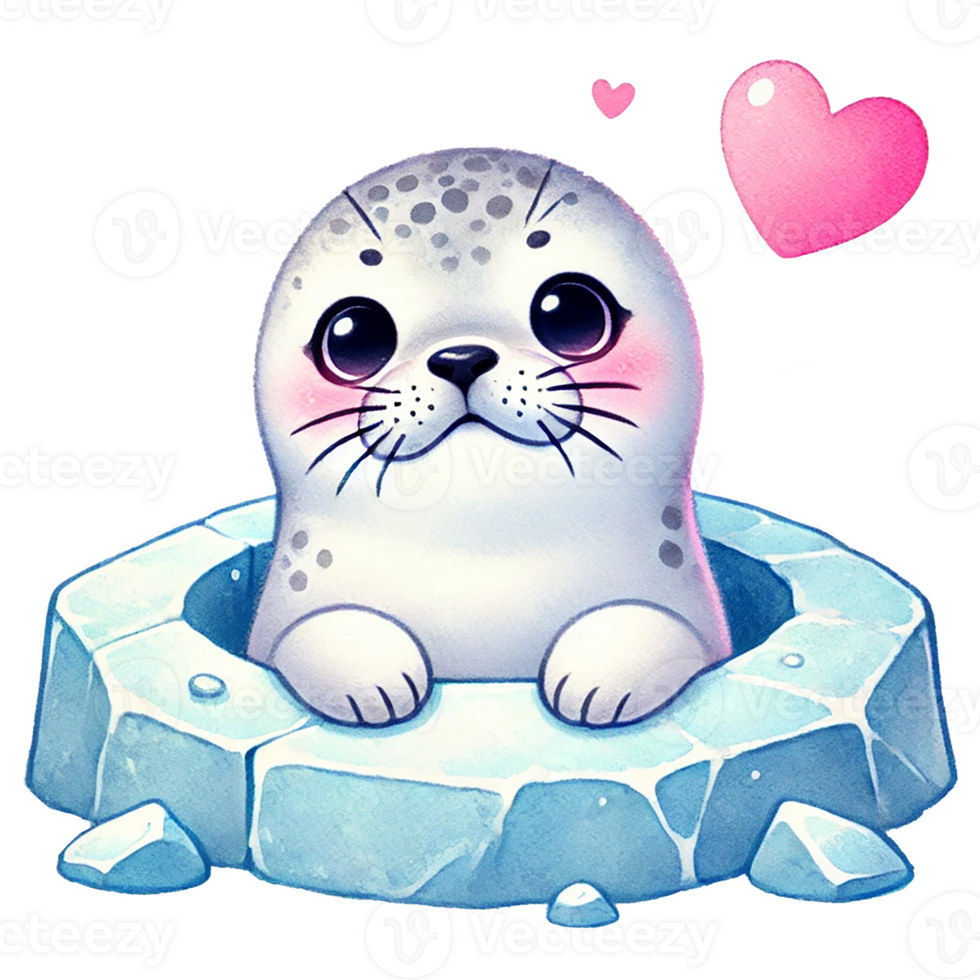 Cute cartoon seal peeking out of an icy hole with a heart above. Valentine cartoon character. png