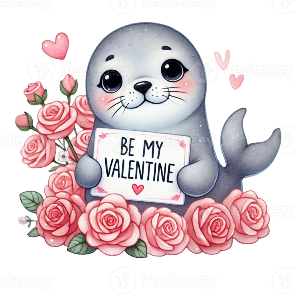 Cute seal holding a Valentine's card surrounded by roses. Valentine cartoon character. png