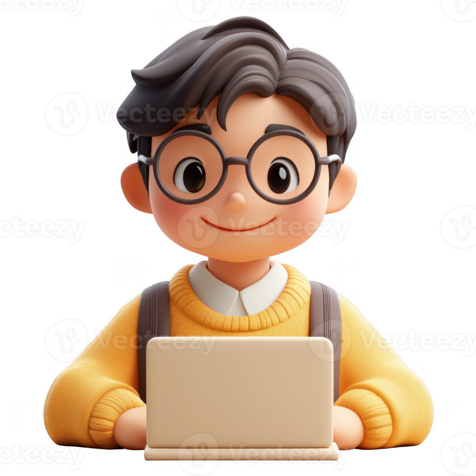 3d icon happy male student with glasses and backpack holding a tablet, isolated on a clear background png