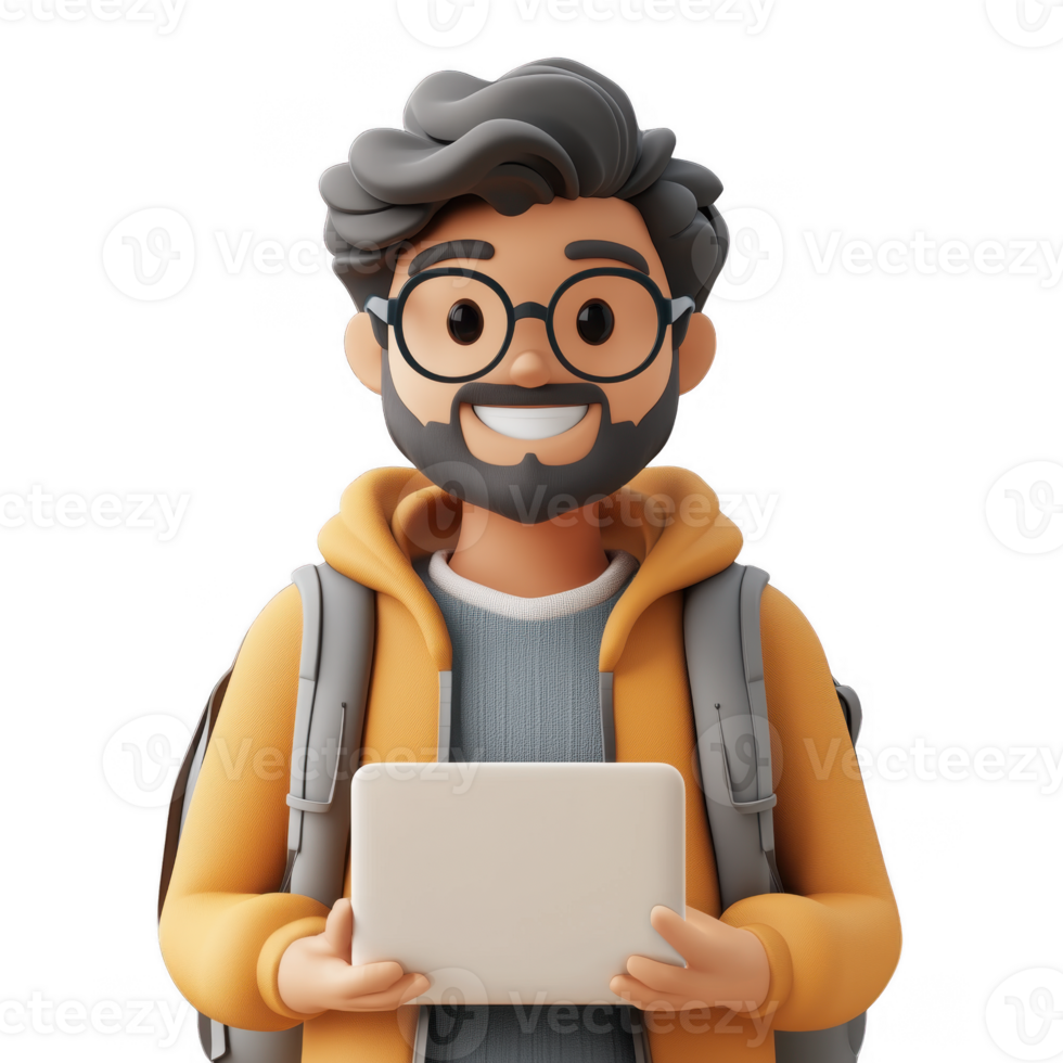 3d icon happy male student with glasses and backpack holding a tablet, isolated on a clear background png