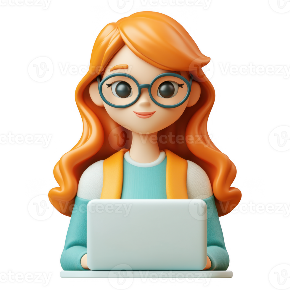 3d icon smiling woman education with glasses and orange shirt working on a laptop, isolated on transparent background png