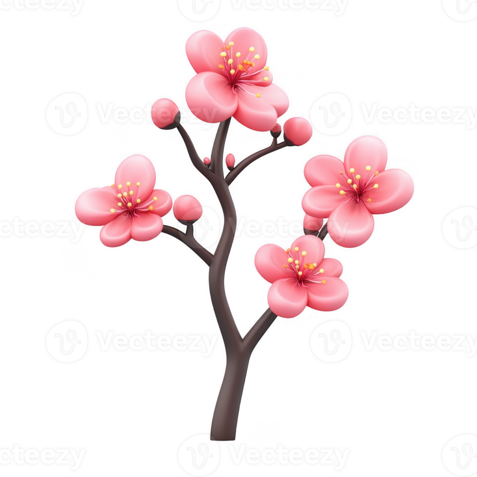 3d flower plant Sakura cherry blossom branch icon Chinese New Year featuring Lunar pink flowers and buds, on a transparent background png
