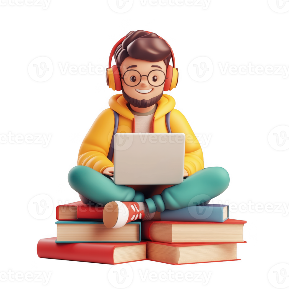 3d icon happy student man icon with headphones using a laptop, sitting on a stack of books online education, studying and learning, with a transparent background png