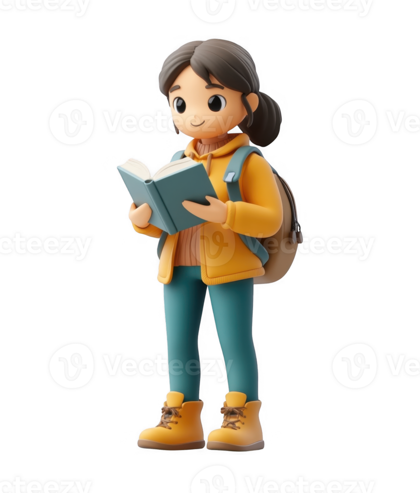 3d icon illustration of a smiling student girl with glasses and a backpack, absorbed in reading a book on a transparent background png