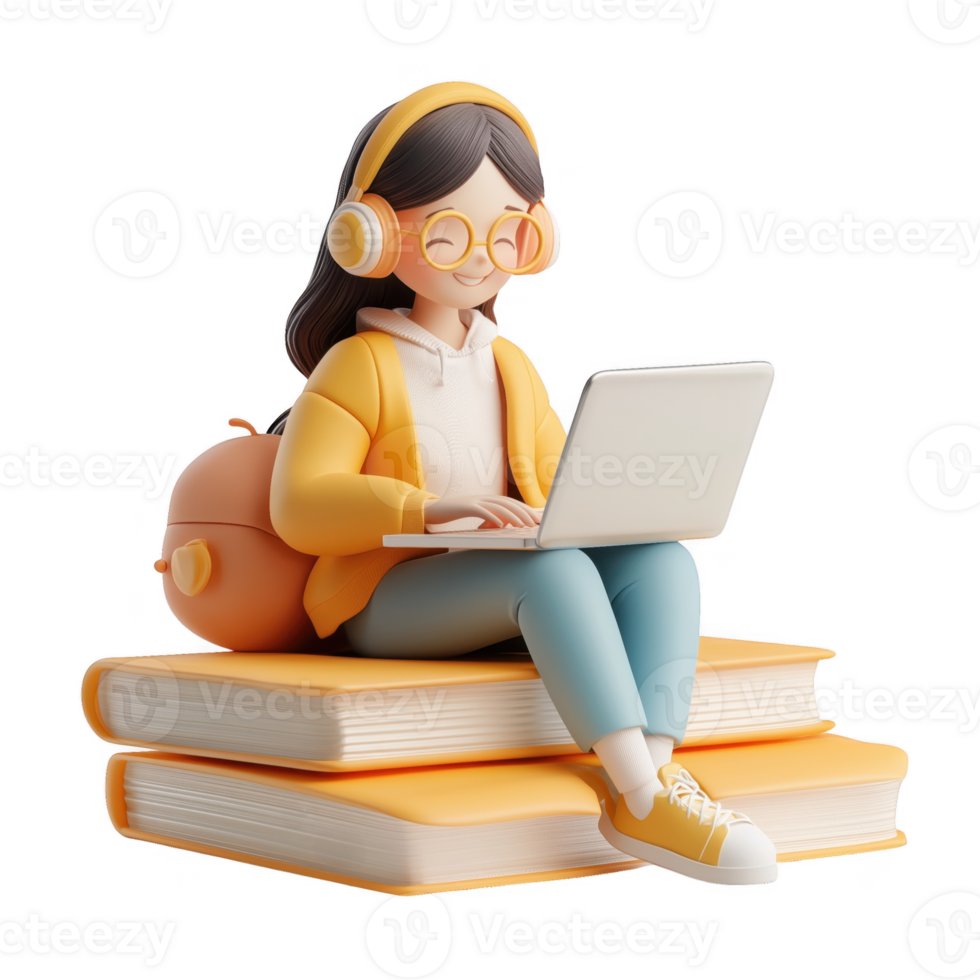3d icon cheerful student woman using a laptop, sitting on books online education, and wearing headphones with a transparent background png