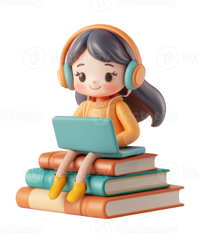 3d icon cheerful student woman using a laptop, sitting on books online education, and wearing headphones with a transparent background png