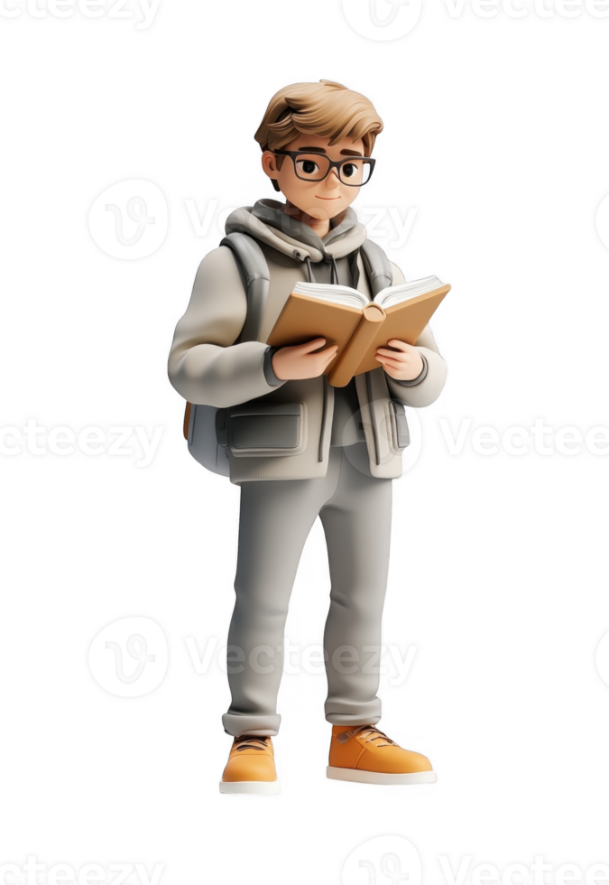 3d icon character student man holding an open book education, promoting education and learning, on a transparent background png
