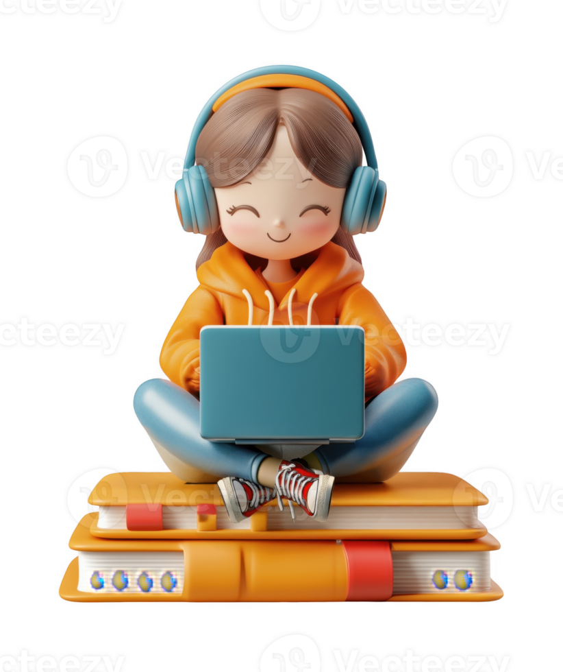 3d icon cheerful student woman using a laptop, sitting on books online education, and wearing headphones with a transparent background png