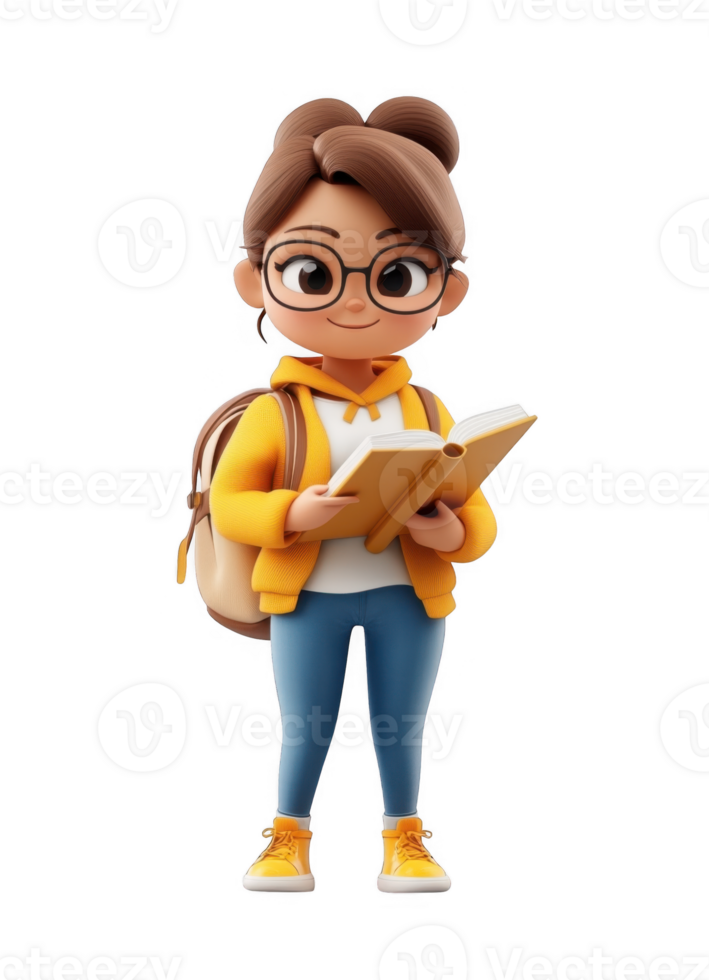 3d icon illustration of a smiling student girl with glasses and a backpack, absorbed in reading a book on a transparent background png