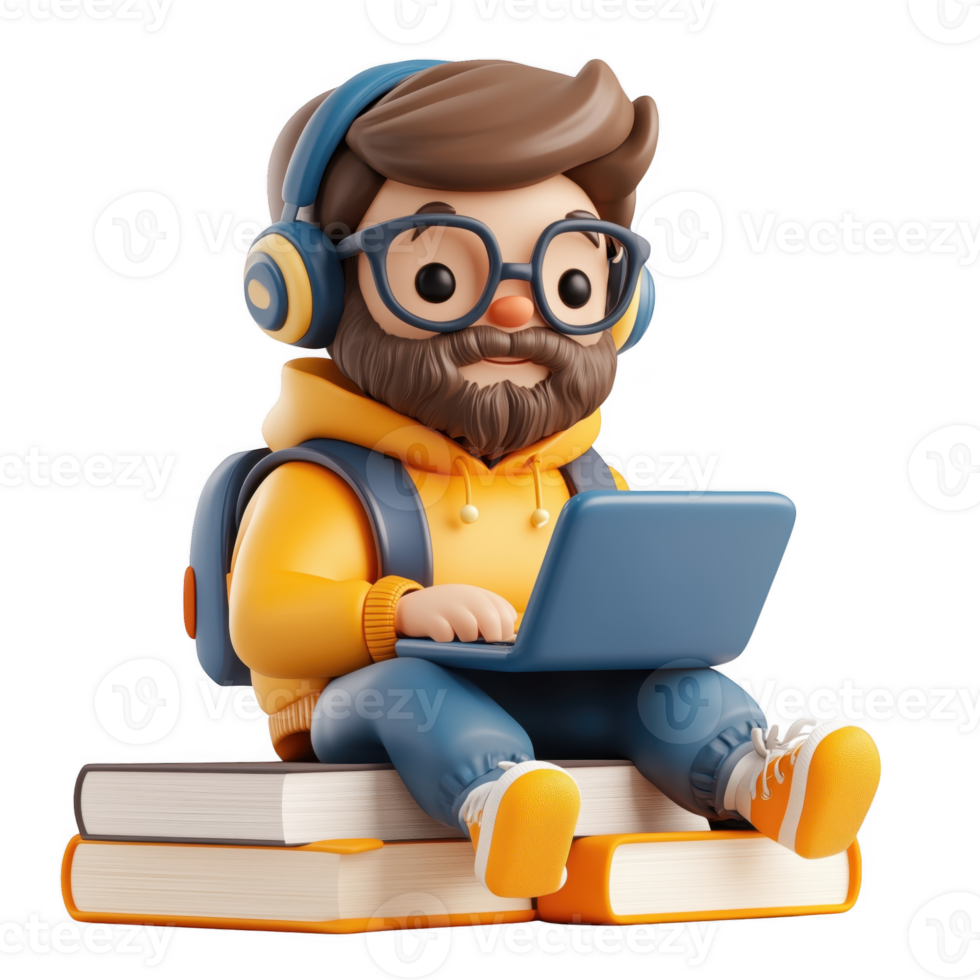 3d icon happy student man icon with headphones using a laptop, sitting on a stack of books online education, studying and learning, with a transparent background png