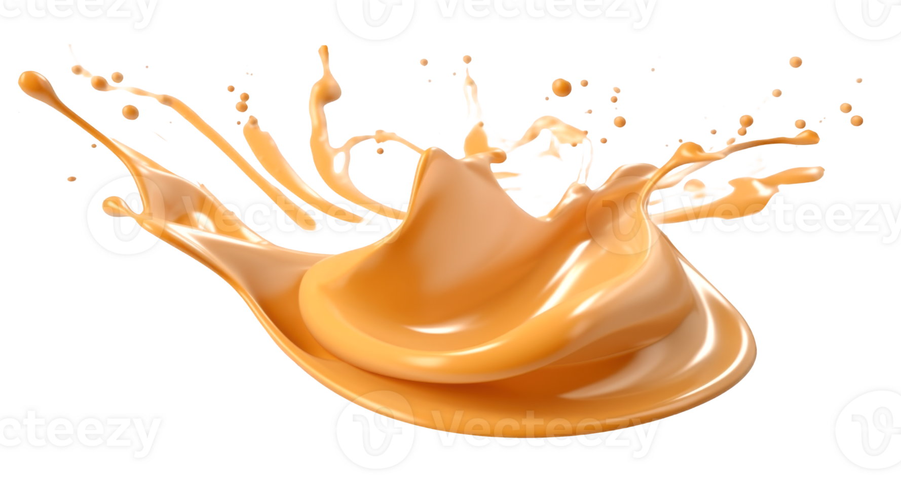 Dynamic caramel splash and droplets in liquid form against a clear backdrop, ideal for food and beverage promotions a transparent background png