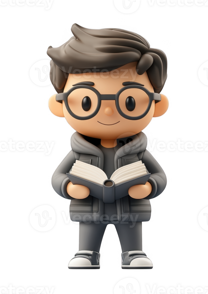 3d icon character student man holding an open book education, promoting education and learning, on a transparent background png