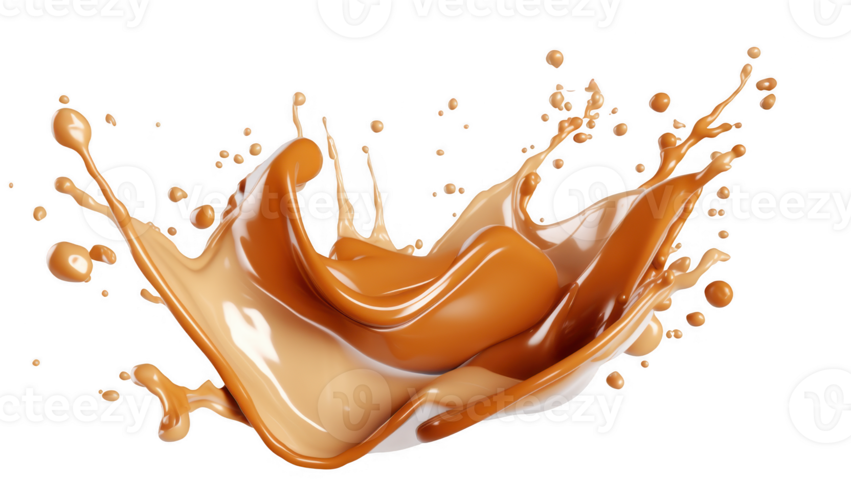 Dynamic caramel splashes and droplets in liquid form against a clear backdrop, ideal for food and beverage promotions a transparent background png