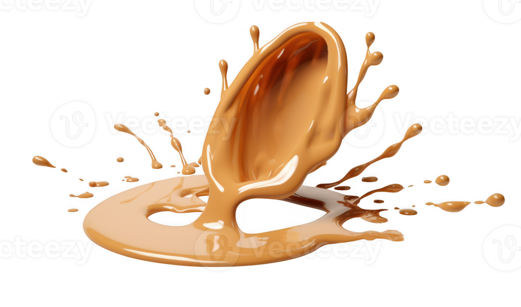 Dynamic caramel splashes and droplets in liquid form against a clear backdrop, ideal for food and beverage promotions a transparent background png