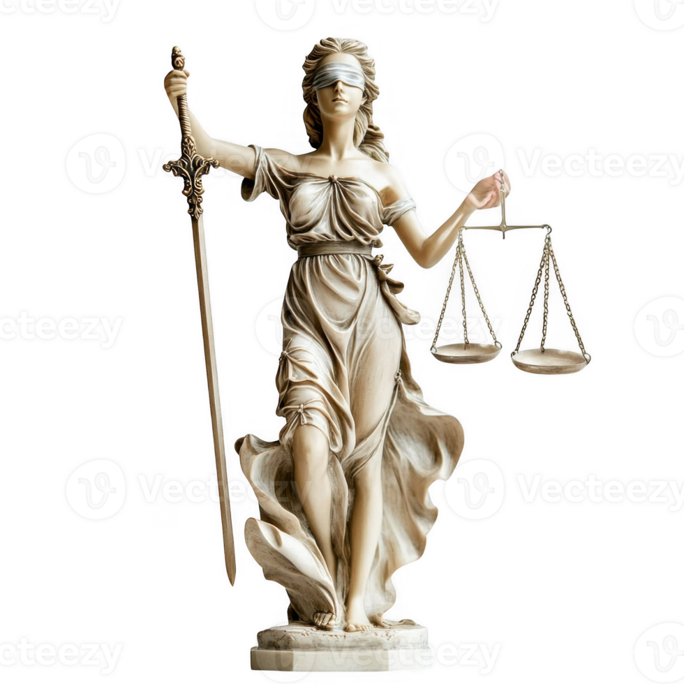Lady justice statue with scales and sword symbolizing law, fairness, and justice, set against a transparent background png