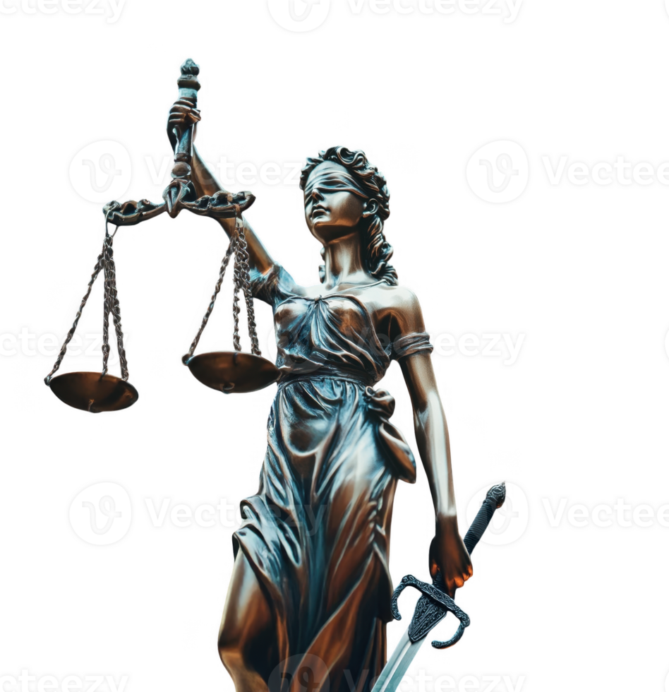 Lady justice statue, a symbol of law and fairness, holding scales and a sword, isolated on transparent background png