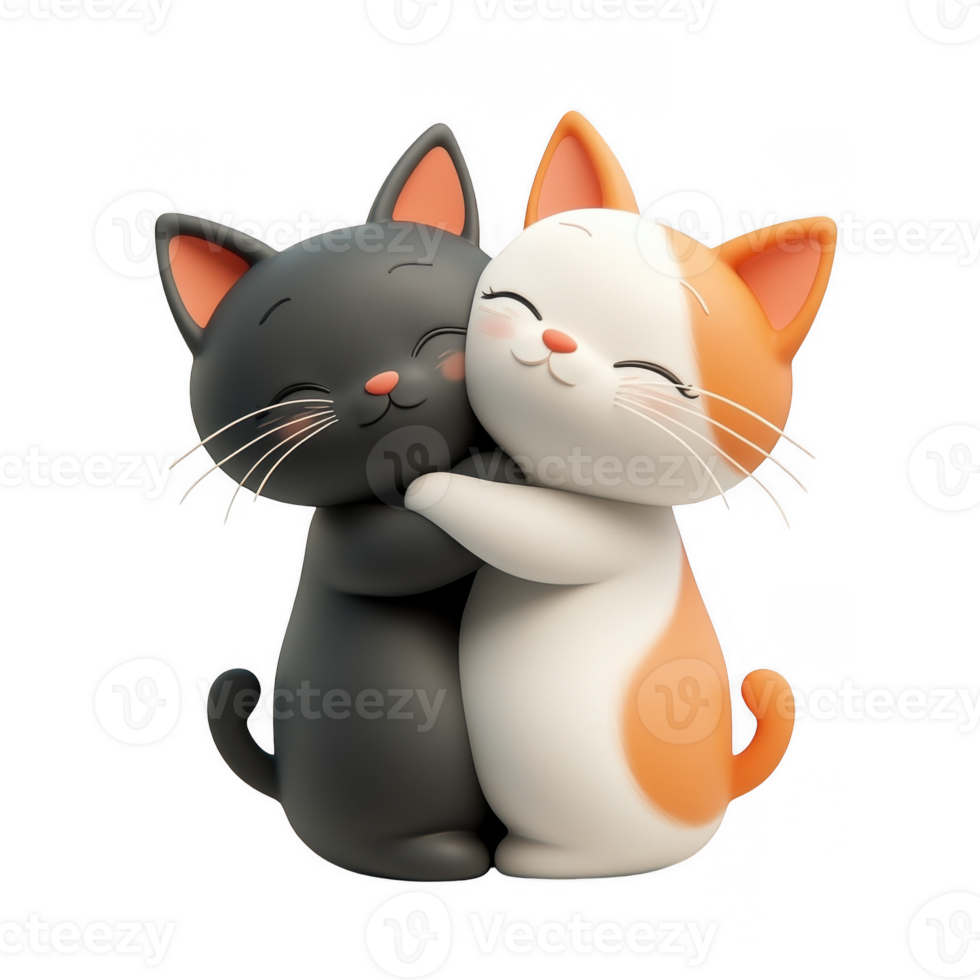 3d icon valentine Two adorable cartoon cats hugging each other on transparent background png