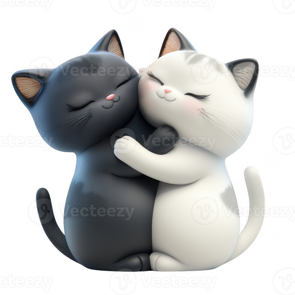 3d icon valentine Two adorable cartoon cats hugging each other on transparent background png