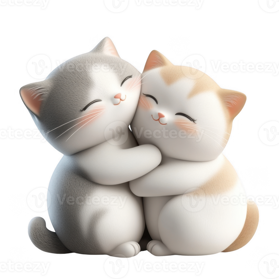 3d icon valentine Two adorable cartoon cats hugging each other on transparent background png