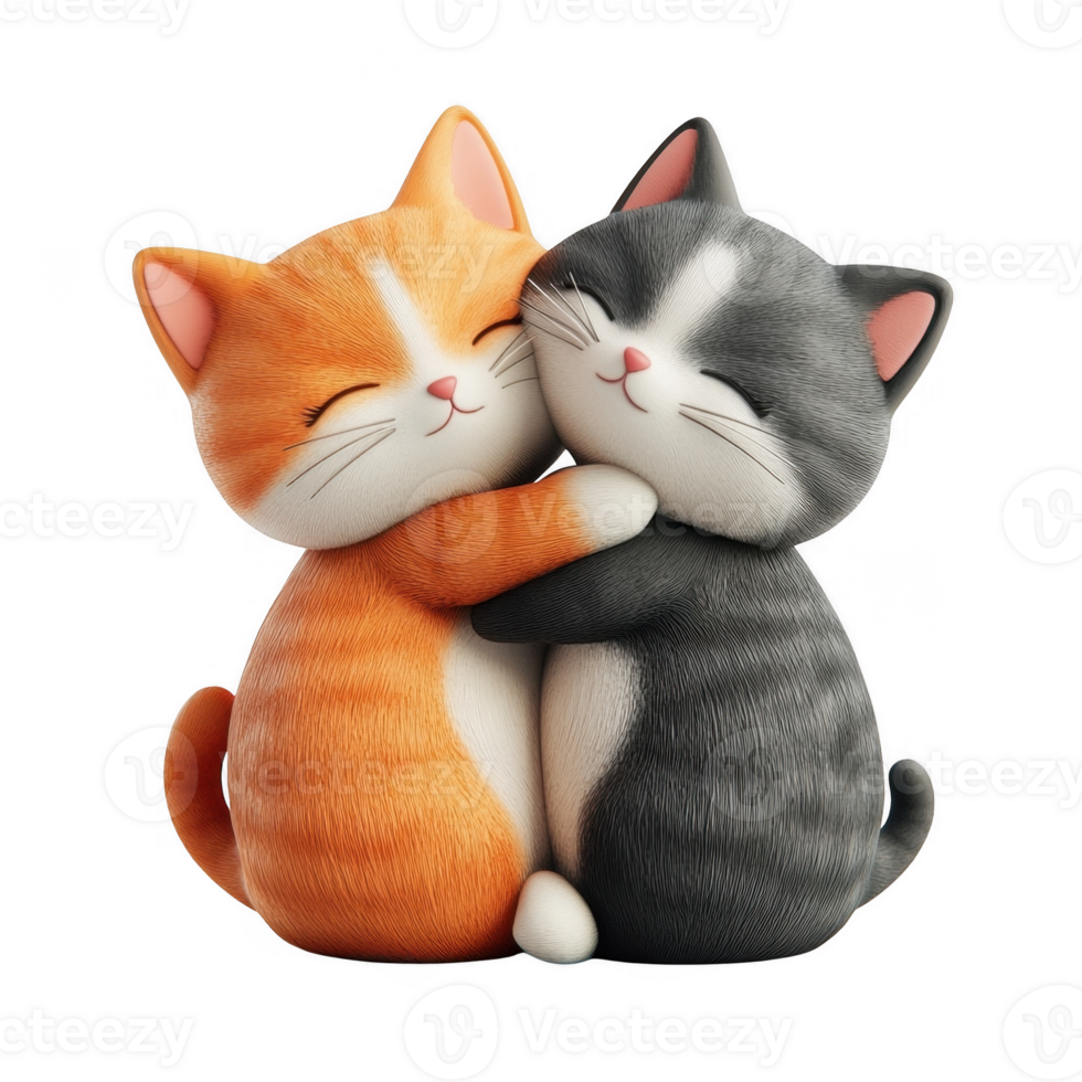 3d icon valentine Two adorable cartoon cats hugging each other on transparent background png