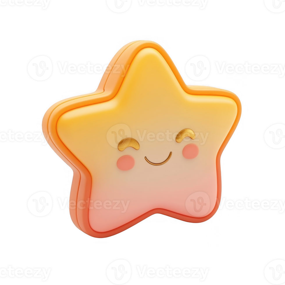Adorable 3d icon happy star emoji yellow character with blushing cheeks and large eyes, set against a transparent background png