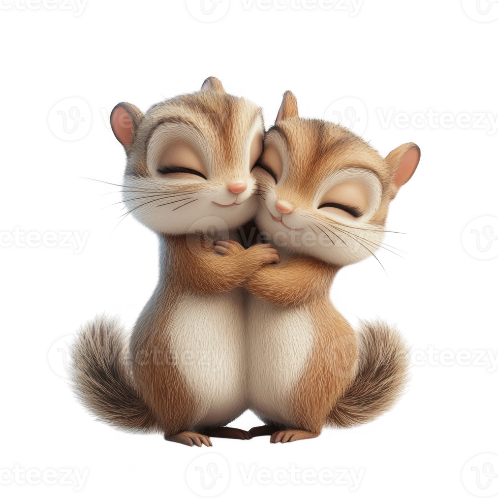 3d icon valentine Two adorable cartoon chipmunks hugging with closed eyes and transparent background png