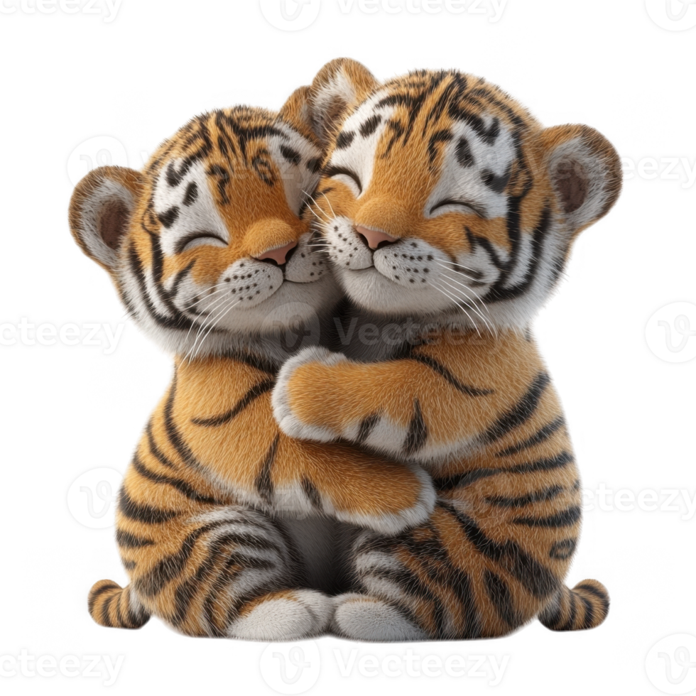 3d icon valentine Adorable tiger cubs hugging embrace with closed eyes, displaying love and affection against a see through backdrop png